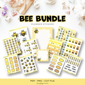 May include: A set of bee-themed planner stickers in yellow, brown, and white. The stickers feature bees, honeycombs, and other bee-related designs. The text "BEE BUNDLE PLANNER STICKERS" is at the top of the image.