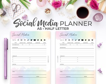 Rainbow Watercolor Social Media Planner Printable: A5, Half Letter (PDF)