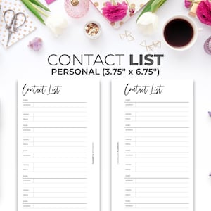 May include: Two printable contact list pages with the title "Contact List" in black script font. The pages are designed for personal use and measure 9.5 cm by 17.1 cm.