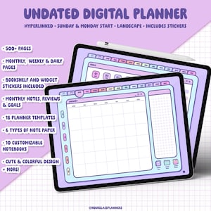 Peut inclure: Une application de planificateur numérique affichée sur l'écran d'une tablette. L'application présente une vue de calendrier mensuel avec une disposition en grille. L'application comprend également une variété d'autres fonctionnalités, telles que des notes, des objectifs et des modèles de planificateur. L'application est conçue pour être conviviale et visuellement attrayante.