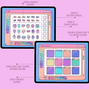 May include: Two digital tablets displaying a planner interface with a pink background. The top tablet shows an index with calendar icons and months. The bottom tablet shows a yearly calendar with colorful monthly views. Text indicates links to various planner sections.