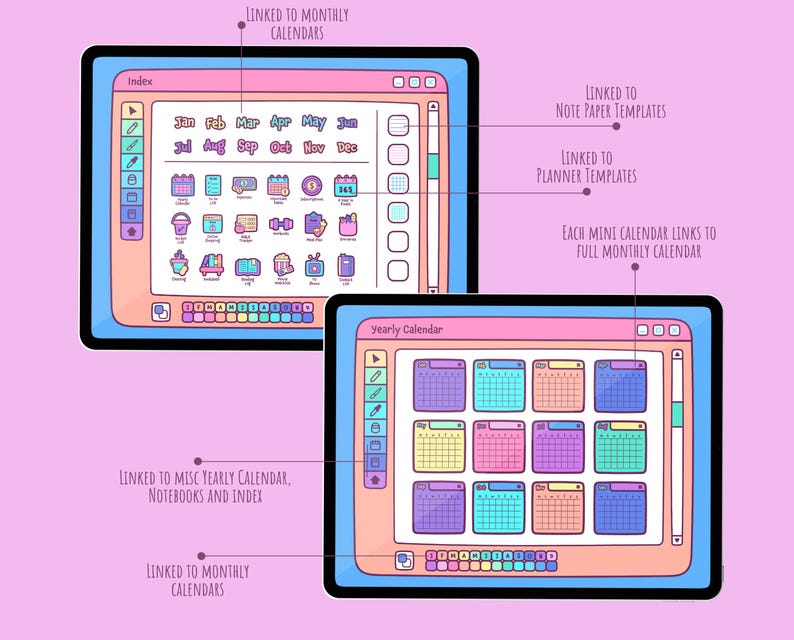May include: Two digital tablets displaying a planner interface with a pink background. The top tablet shows an index with calendar icons and months. The bottom tablet shows a yearly calendar with colorful monthly views. Text indicates links to various planner sections.