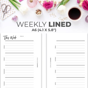 May include: A weekly planner in A6 size (4.1 x 5.8 inches) with lined pages. The planner has a white background and black text. The text "This Week" is at the top of the page, followed by the days of the week: Monday, Tuesday, Wednesday, Thursday, Friday, Saturday, and Sunday.