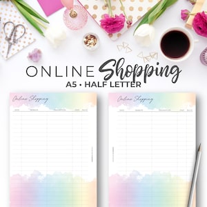 May include: Two printable online shopping tracker sheets in A5 and half letter sizes. The sheets have a pastel rainbow watercolor background and columns for date, website, description, cost, and notes.
