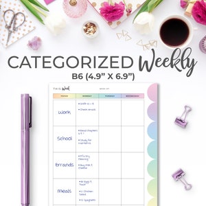 May include: A weekly planner with a rainbow gradient border. The planner is divided into sections for work, school, errands, and meals. Each section has a list of tasks to be completed. The planner is labeled "Categorized Weekly" and "B6 (4.9" x 6.9")".