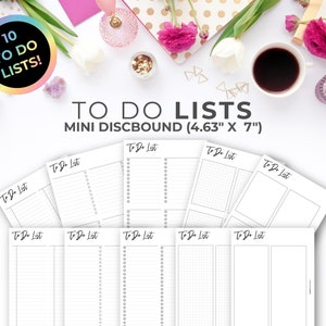 May include: Ten blank to-do list pages in a mini discbound notebook. The notebook is white with black text that reads "To Do Lists" and "Mini Discbound (4.63" x 7")".