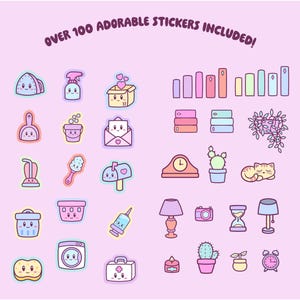 May include: A collection of over 100 adorable stickers on a pink background. The stickers feature cute illustrations of various objects, including a cat, books, a cactus, a clock, and a washing machine. The text "OVER 100 ADORABLE STICKERS INCLUDED!" is at the top.