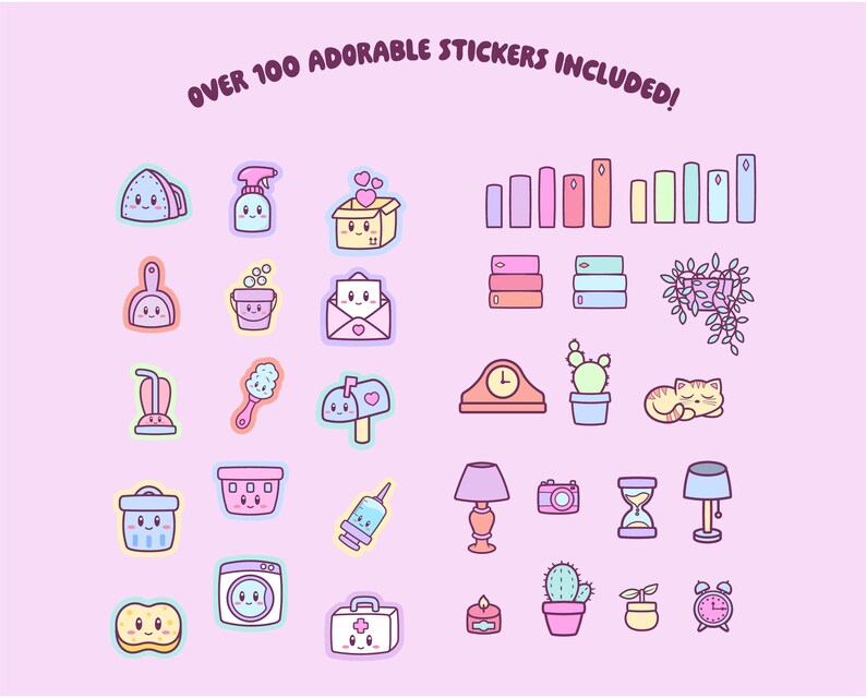 May include: A collection of over 100 adorable stickers on a pink background. The stickers feature cute illustrations of various objects, including a cat, books, a cactus, a clock, and a washing machine. The text "OVER 100 ADORABLE STICKERS INCLUDED!" is at the top.