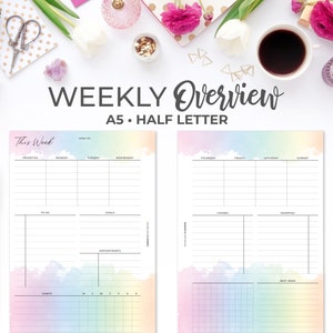 May include: A weekly planner with a rainbow watercolor background. The planner is divided into sections for priorities, to do, goals, appointments, habits, and a daily grid. The planner is labeled "This Week" and "Weekly Overview A5 - Half Letter".