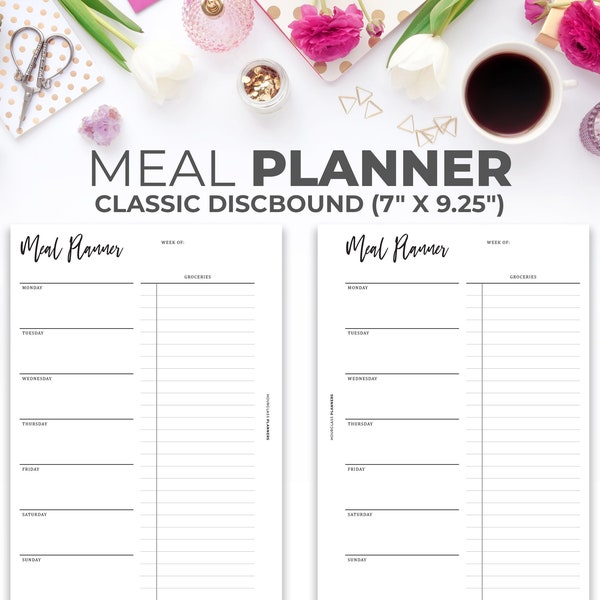 Meal Planner Insert for Classic Happy Planner | Printable Minimal Weekly Menu Planner with Grocery List Classic Discbound 7" X 9.25"