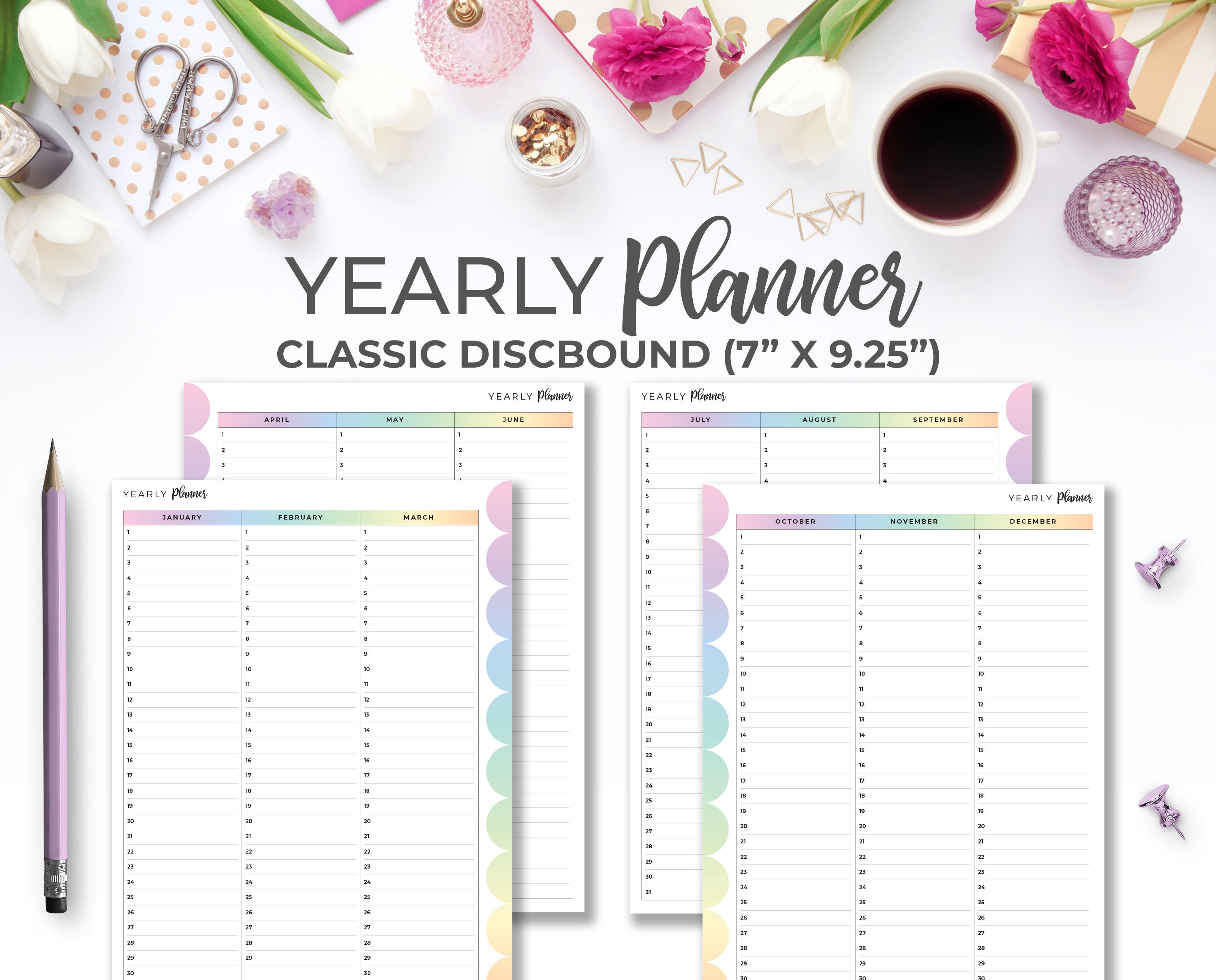 Rainbow Yearly Planner Inserts: Classic Discbound (7" X 9.25") (digital ...