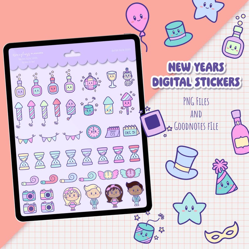 New Years Digital Stickers | 100+ Kawaii Party Goodnotes & PNG Stickers ...