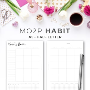 Mes en dos páginas con Habit Tracker Inserte A5 y media letra / Páginas imprimibles mínimas del planificador de calendario sin fecha con el mes de un vistazo