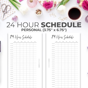 May include: Two printable 24-hour schedule templates, each measuring 3.75 inches by 6.75 inches. The templates are designed for personal use and feature a grid layout with columns for each day of the week and rows for each hour of the day.