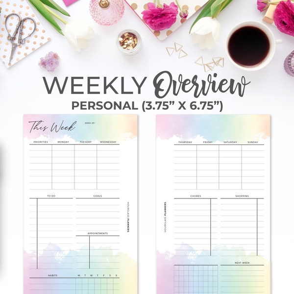 Week on 2 Pages Planner Personal Size Inserts | Printable Rainbow Weekly Overview Planner on Two Pages with Habit Tracker and Lists