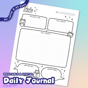 Inserciones de diario de gato kawaii, PDF + PNG imprimibles, lindas páginas de diario de gatito en blanco y negro, tamaños de carta A4 y A5, planificador digital imprimible