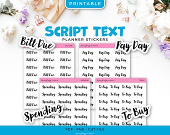 Printable Finance Script Text Planner Stickers - Bill Due, Pay Day, Spending, To Buy - Instant Download