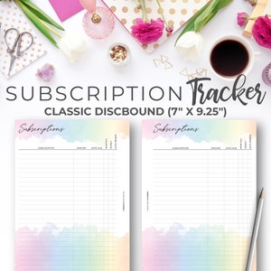 May include: A pastel rainbow watercolor background with two white pages for tracking subscriptions. The pages are labeled "Subscriptions" and have columns for subscription name, amount, date due, monthly, weekly, and bi-weekly. The pages are 7 inches by 9.25 inches.