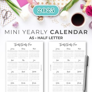 Calendario anual mini 2025 en una página para imprimir, tamaño A5 y media carta/fecha, páginas de planificador de calendario minimalista para imprimir 2025