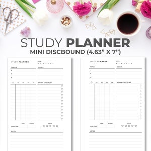May include: A black and white study planner with a minimalist design. The planner is labeled "Study Planner" and "Mini Discbound (4.63" x 7")". It includes sections for topics, goals, a study checklist, study time, goal, actual, focus, and notes.