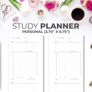 Puede incluir: Dos páginas de planificador de estudios imprimibles en blanco y negro con el texto "STUDY PLANNER" y "PERSONAL (3.75" X 6.75")" en la parte superior. Cada página tiene secciones para temas, objetivos, lista de verificación de estudio, tiempo de estudio, objetivo, real, enfoque, notas y fecha.