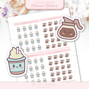 Può includere: Adesivi per planner stampabili con simpatici cartoni animati di tazze da caffè e una caffettiera. Gli adesivi sono in uno schema di colori blu chiaro, marrone e bianco. Il testo "Printable Planner Stickers" è in cima all'immagine.