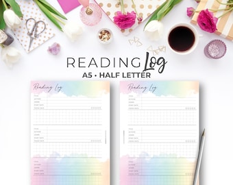 Reading Tracker Log Printable Insert A5, Half Letter | Rainbow Book Tracker & Review Planner Pages