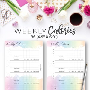 May include: A printable weekly calorie tracker with a watercolour rainbow background. The tracker includes sections for daily totals, description, calories, protein, fat, carbs, and sugar. The size of the tracker is B6 (4.9" x 6.9").