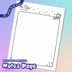 Página de notas imprimible y digital, temática de gato kawaii, tamaño carta A4/A5, bonito inserto de planificador en blanco y negro (PDF/PNG)
