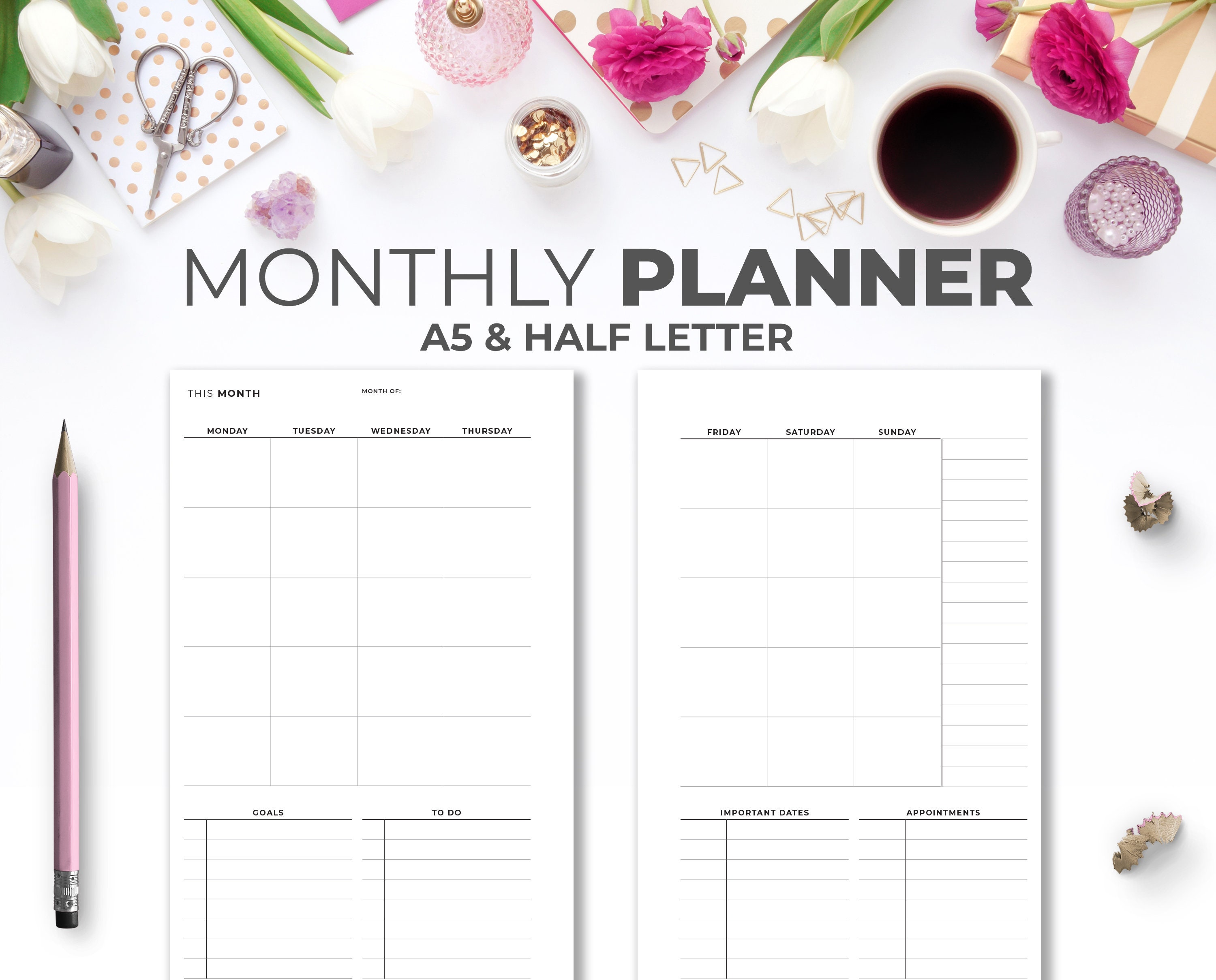 Monthly Calendar on 2 Pages Printable A5 & Half Letter Minimal Month on 2  Pages With Goals, to Do List, Appointments and Important Dates - Etsy