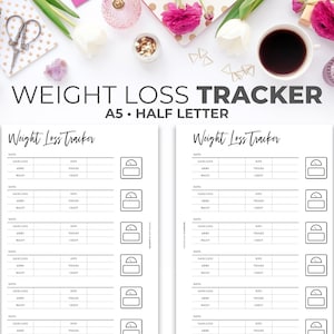May include: Two printable weight loss tracker pages in black and white. Each page has a title "Weight Loss Tracker" and includes columns for date, weight gain/loss, hips, arms, waist, thighs, and chest. Each page also has a scale icon.