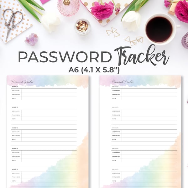 A6 Password Tracker Insert | Watercolor Printable Password Log + Website Log in Keeper Planner Pages