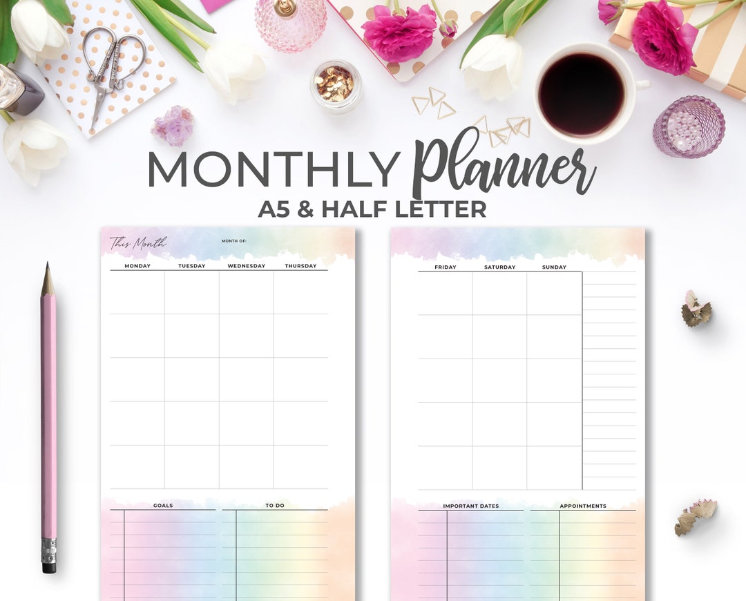 Monthly Calendar on 2 Pages Printable A5 &amp; Half Letter | Watercolor ...