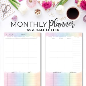 Calendario mensual en 2 páginas imprimible A5 y media letra / Mes de acuarela en 2 páginas con objetivos, lista de tareas pendientes, citas + fechas importantes