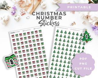 Printable Christmas Number Stickers: Tree & Present Designs (Digital Download)