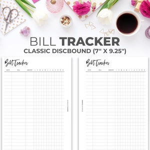 May include: A black and white printable bill tracker with the text "Bill Tracker" at the top of each page. The tracker is designed for a classic discbound system and measures 7 inches by 9.25 inches.