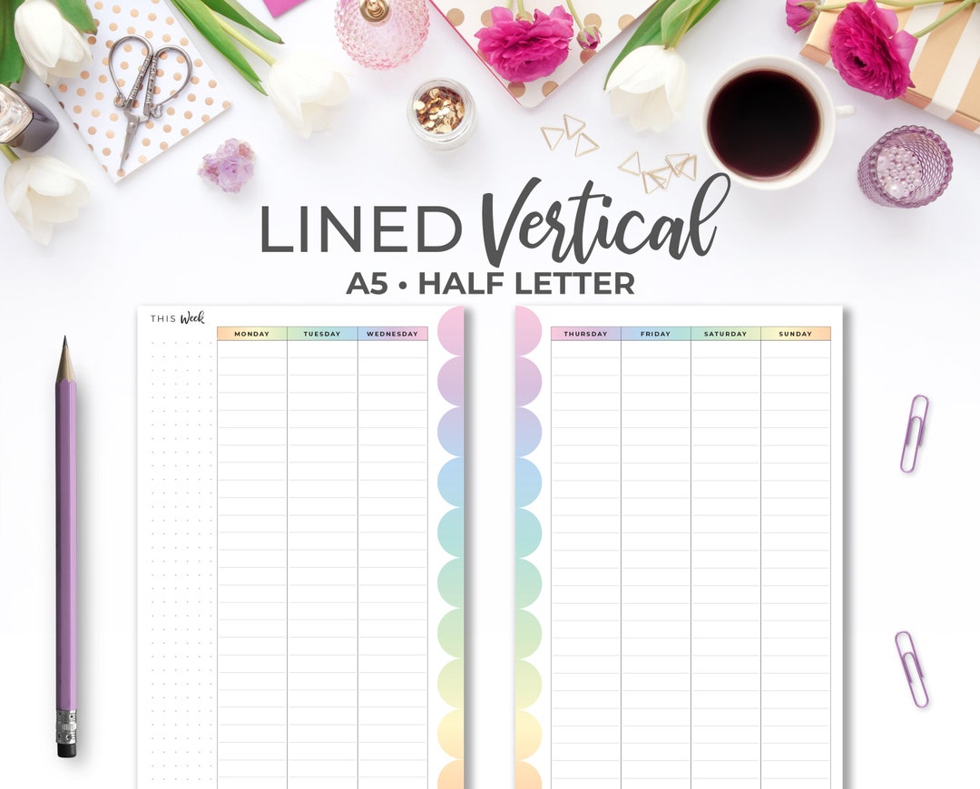 Rainbow Lined Weekly Planner Insert: Vertical A5 & Half Letter (digital ...