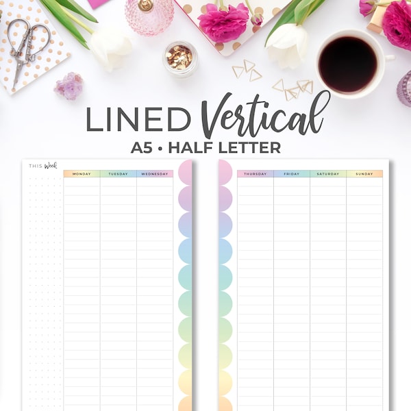 Week on Two Pages Vertical A5 & Half Letter | Printable Rainbow Lined Vertical WO2P Planner Insert