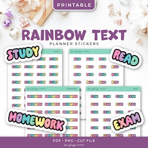Pegatinas imprimibles del planificador de texto del arco iris para estudiantes: estudio, lectura, tarea, examen - Descarga instantánea