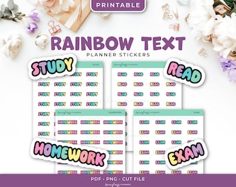 Printable Student Rainbow Text Planner Stickers - Study, Read, Homework, Exam - Instant Download