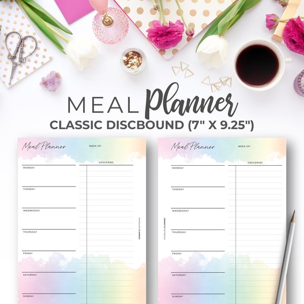 Printable Meal Planner Inserts for Classic Happy Planner | Rainbow Weekly Menu and Grocery List Organizer Classic Discbound 7" X 9.25"