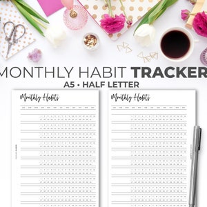 Monthly Habit Tracker Insert A5 + Half Letter | Printable Minimal 31 Day Monthly Routine and Goal Tracker
