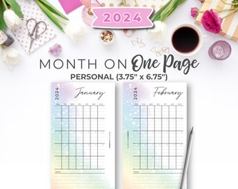 2024 Monthly Planner Personal Inserts | 2024 Personal Rainbow Printable Monthly Calendar Insert On One Page