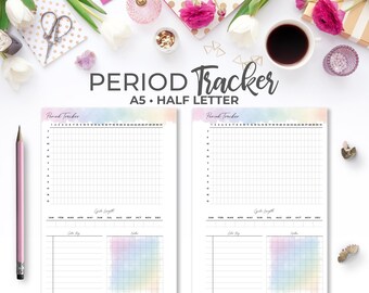 Periode Tracker Einsatz A5 & Halbbuchstabe | Regenbogen Aquarell druckbare Menstruationszyklus Planner Seiten