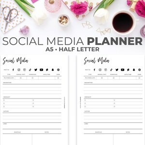 May include: A black and white printable social media planner with the text "Social Media Planner" and "A5 - Half Letter". The planner has two pages, each with a table for scheduling social media posts. The table includes columns for post type, manual post, scheduled, date/time, and done.