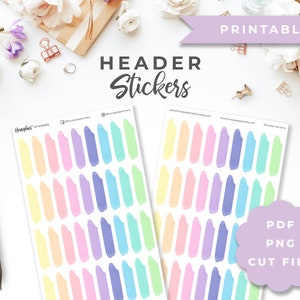 May include: Two sheets of pastel-colored header stickers with a brushstroke design. The stickers are arranged in rows and columns, with each sticker featuring a different color. The word "PRINTABLE" is at the top, and the words "HEADER Stickers" are in the center.