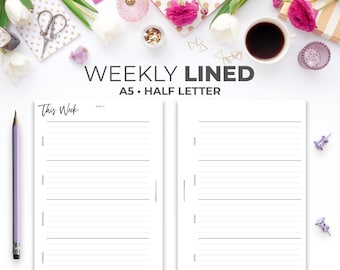 May include: A weekly planner with lined pages in A5 and half letter sizes. The planner has the text "This Week" at the top of the page.