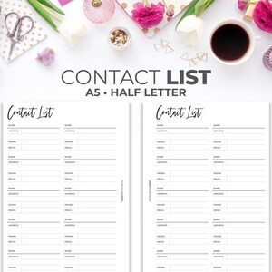 Contact List Planner Insert A5 & Half Letter | Printable Minimal Address Book Phone Number Tracker Pages