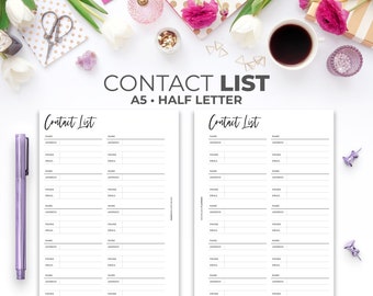 May include: Two printable contact list pages in A5 and half letter sizes. The pages are white with black lines and the text "Contact List" at the top.