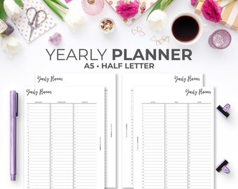 Yearly Planner A5 & Half Letter Inserts | Minimal Undated Printable Yearly Planner Pages